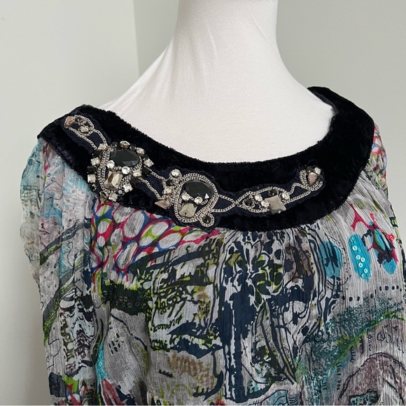 Boho Sheer Printed Tunic Dress • Embellished Neckline • Sequin Detail L - Picture 3 of 8